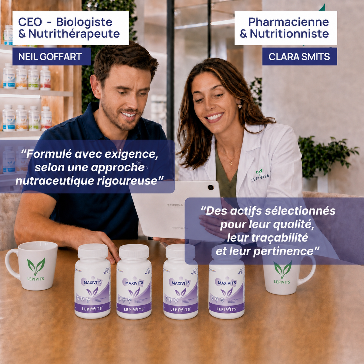 Biologiste et pharmacienne nutritionniste examinent plusieurs flacons de Magnévits Lepivits, formule validée en laboratoire.