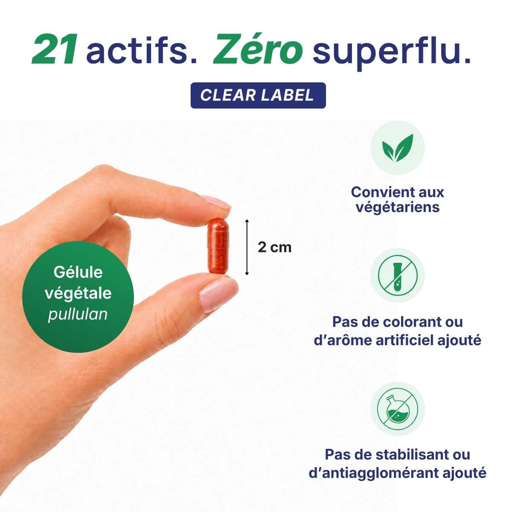 Main tenant une gélule végétale Magnévits Lepivits en pullulan de 2 cm, formule clear label sans colorant ni additif, végétarriens.