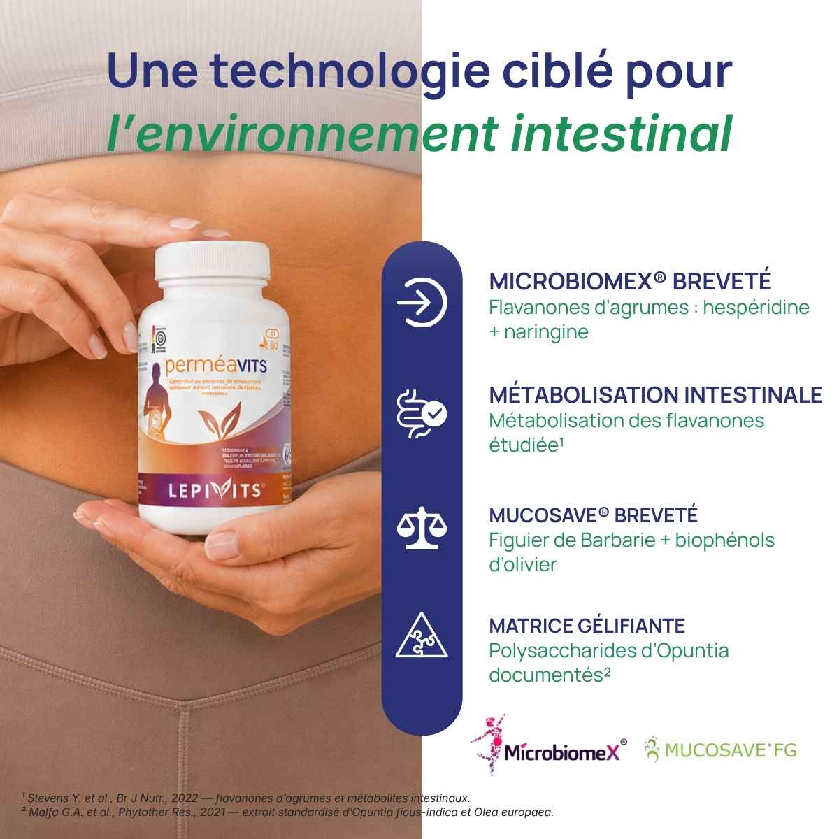 Femme tenant le flacon Perméavits Lepivits contre son ventre, illustrant un Perméavits bien toléré pour le confort intestinal.