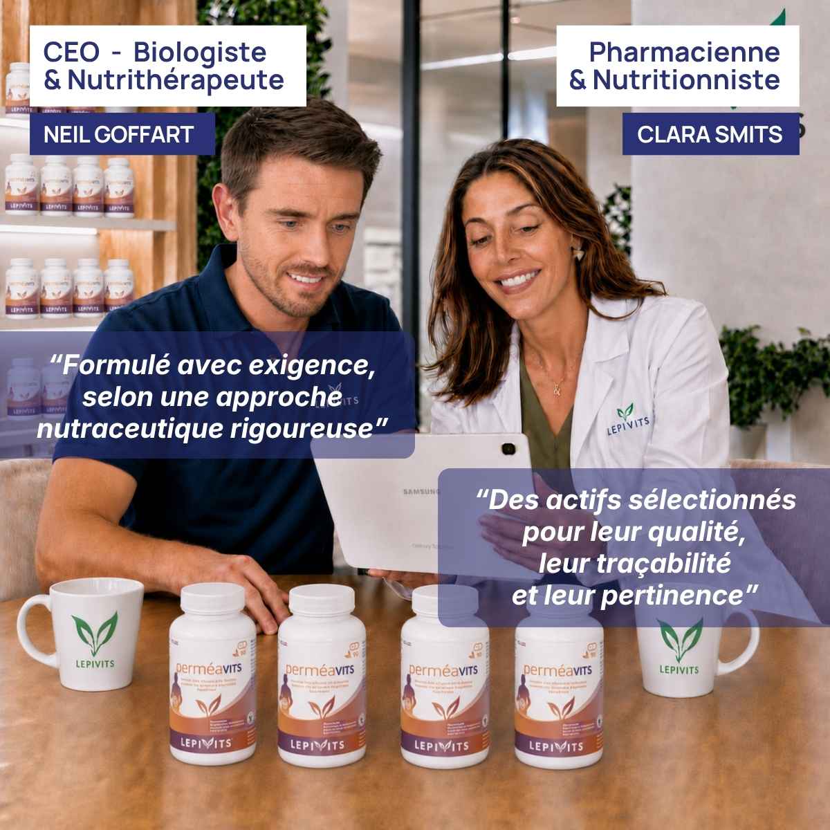 Biologiste et pharmacienne nutritionniste examinent plusieurs flacons de Permeavits Lepivits, formule validée en laboratoire.