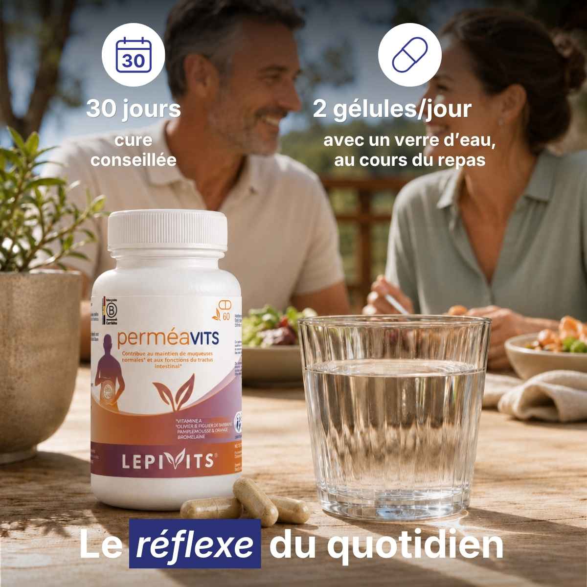 Flacon Perméavits Lepivits sur table avec verre d'eau, posologie 2 gélules par jour pour une cure de 30 jours. 