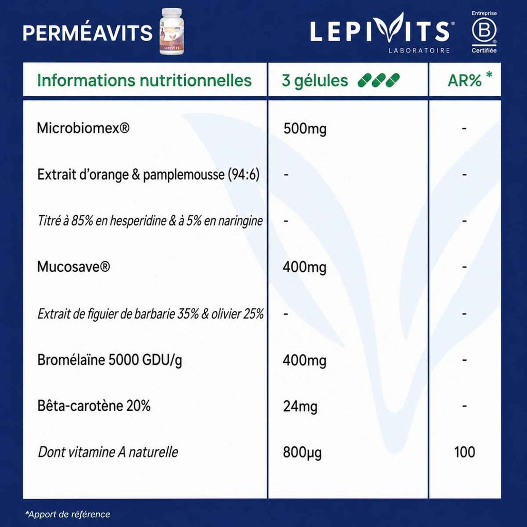 Tableau des informations nutritionnelles Perméavits Lepivits : Extrait d'orange & pamplemousse, figuier de barbarie, broméliane...