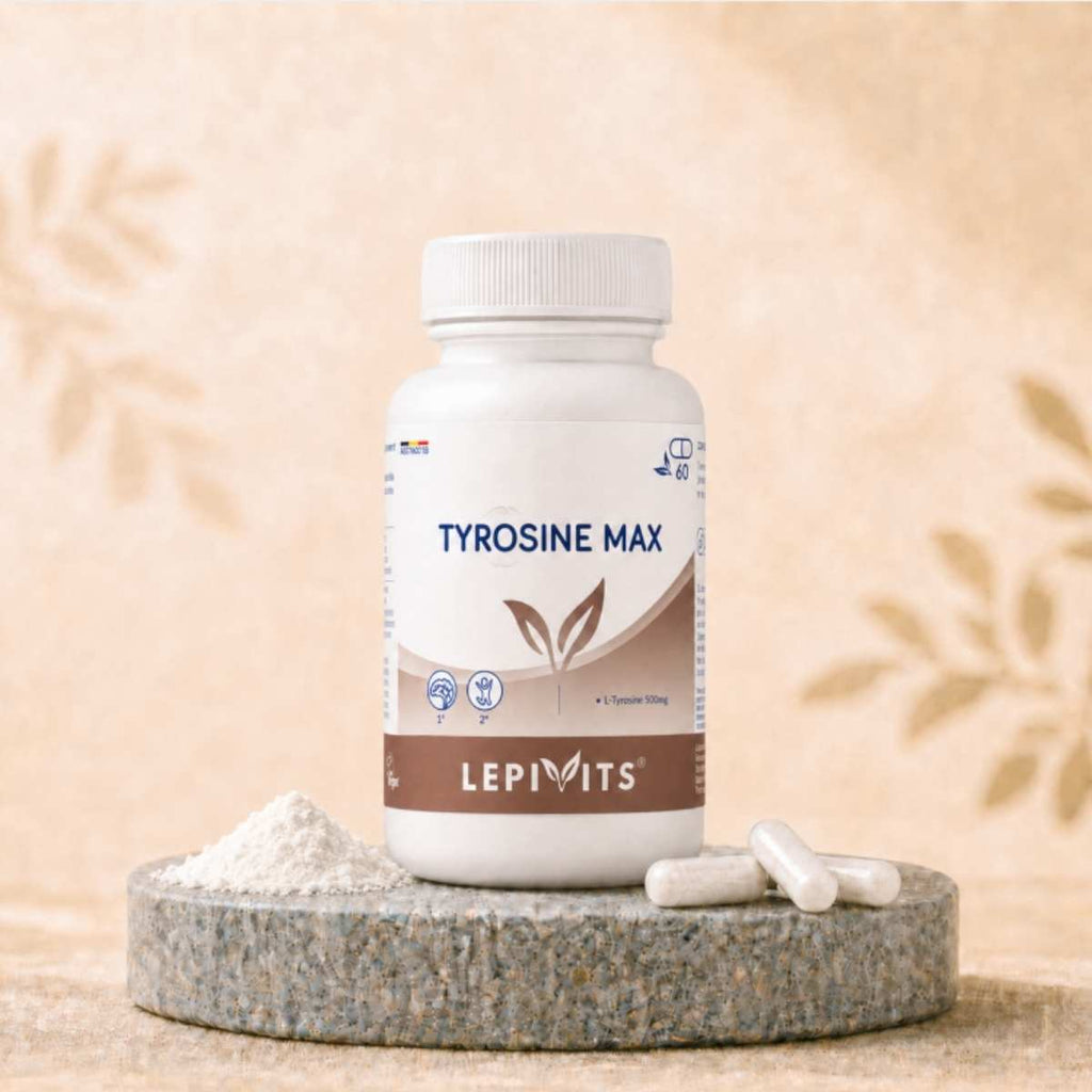 Flacon de Tyrosine max Lepivits, complément de L-Tyrosine – Acide aminé dosé à 500 mg avec gélules végétales pullulan.