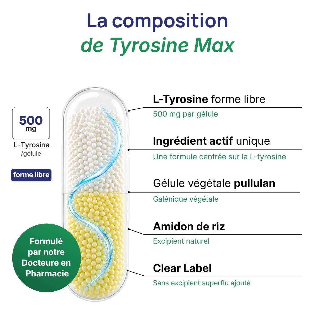 Schéma de la gélule Tyrosine max détaillant la composition L-Tyrosine – Acide aminé dosé à 500 mg