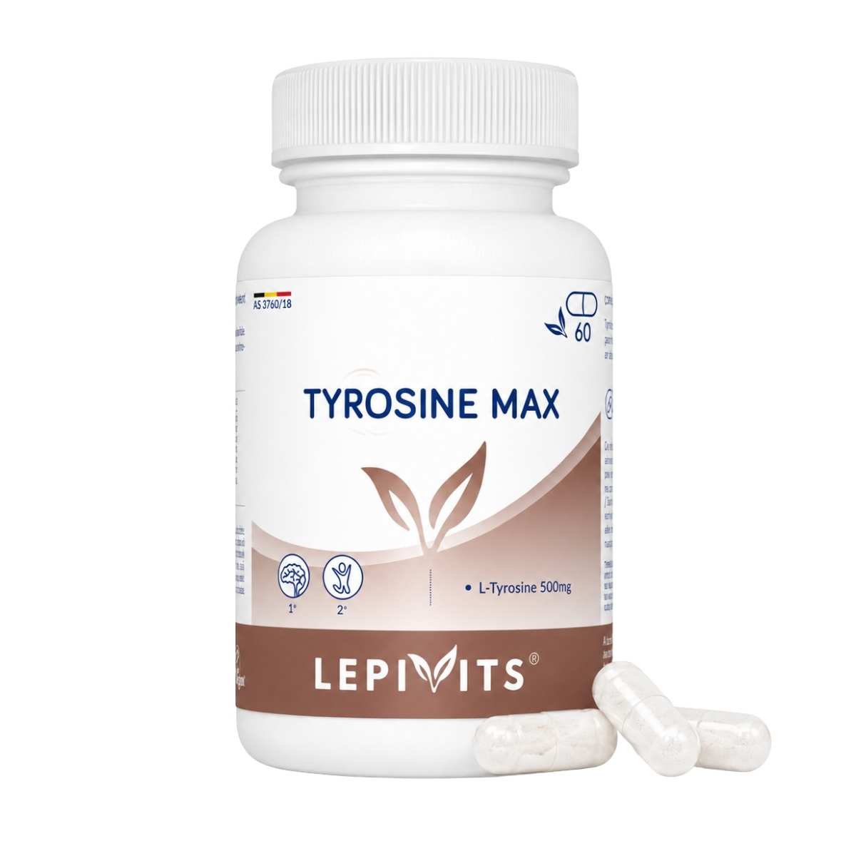 Vue de face du flacon Tyrosine max
Lepivits 60 gélules sur fond blanc, avec trois capsules devant.