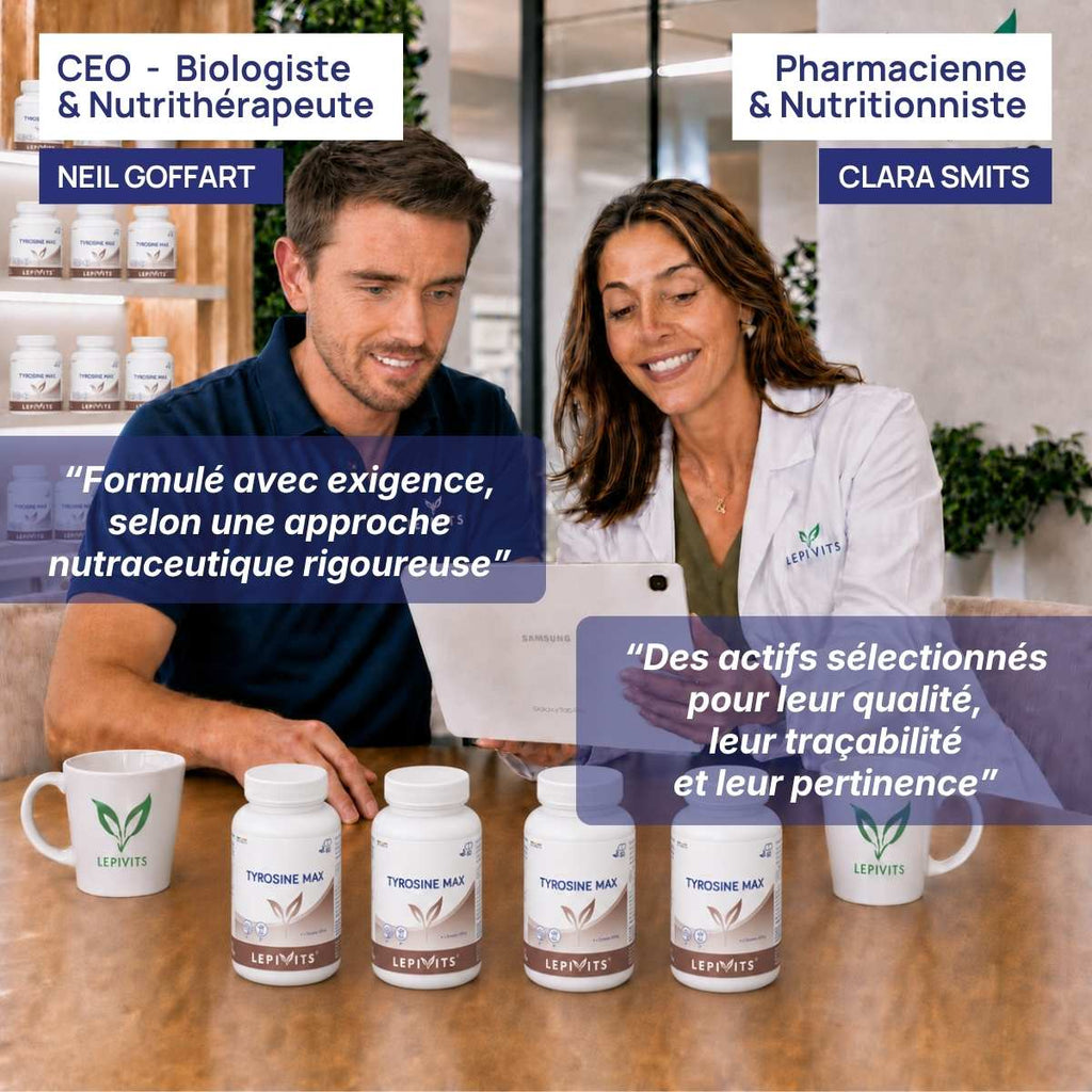 Biologiste et pharmacienne nutritionniste examinent plusieurs flacons de Tyrosine max Lepivits, formule validée en laboratoire.