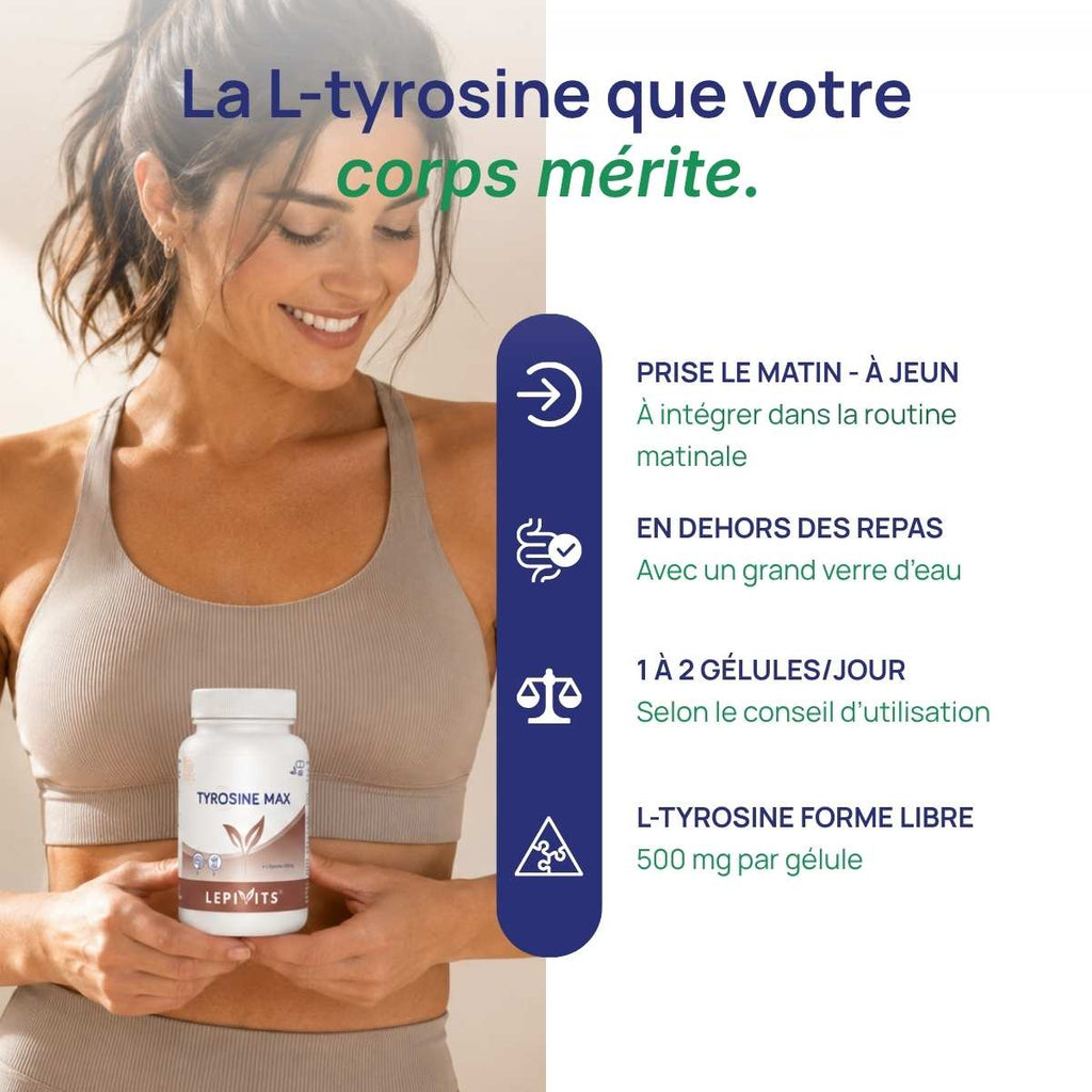 Femme tenant le flacon Tyrosine max Lepivits contre son ventre.