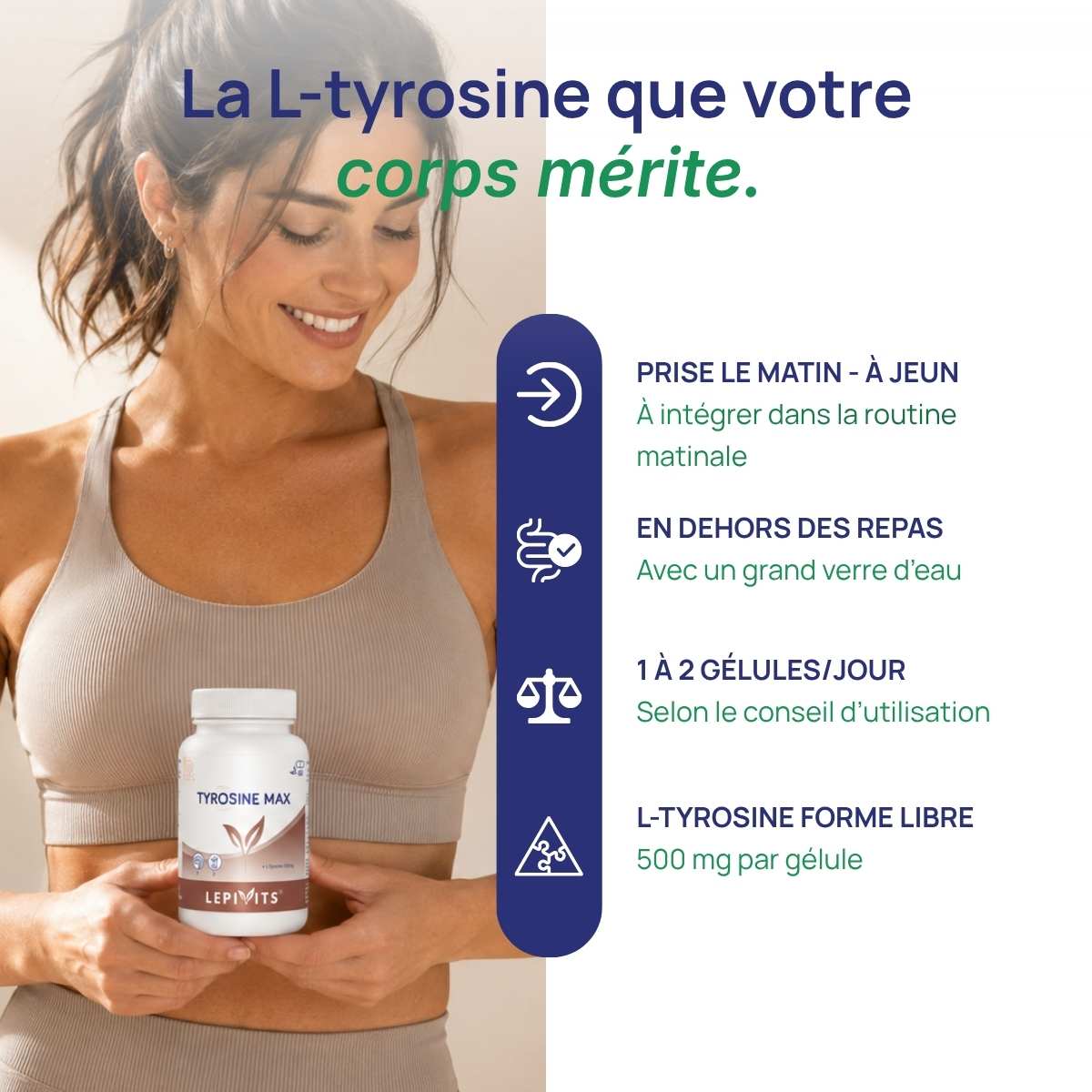 Femme tenant le flacon Tyrosine max Lepivits contre son ventre.