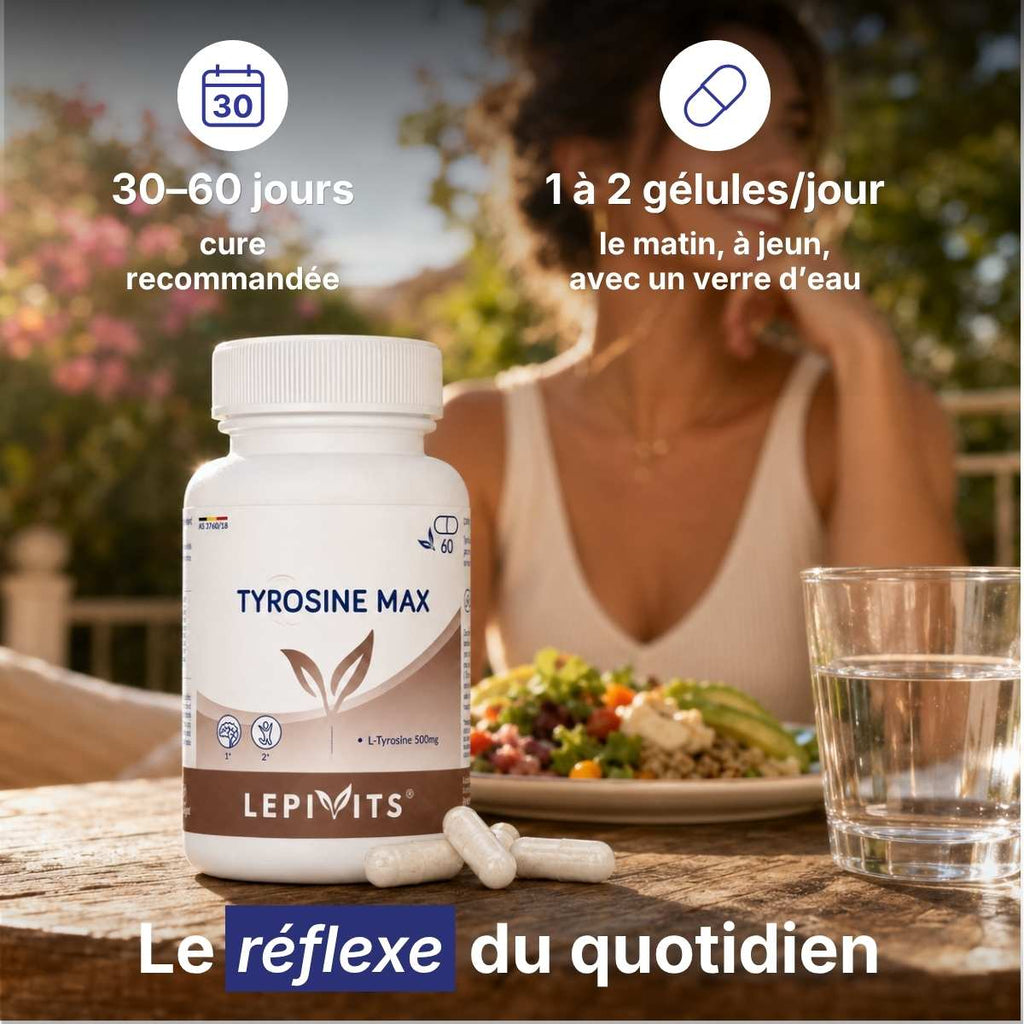 Flacon Tyrosine max Lepivits sur table avec verre d'eau, posologie 1 à 2 gélules par jour pour une cure de 30-60 jours. 