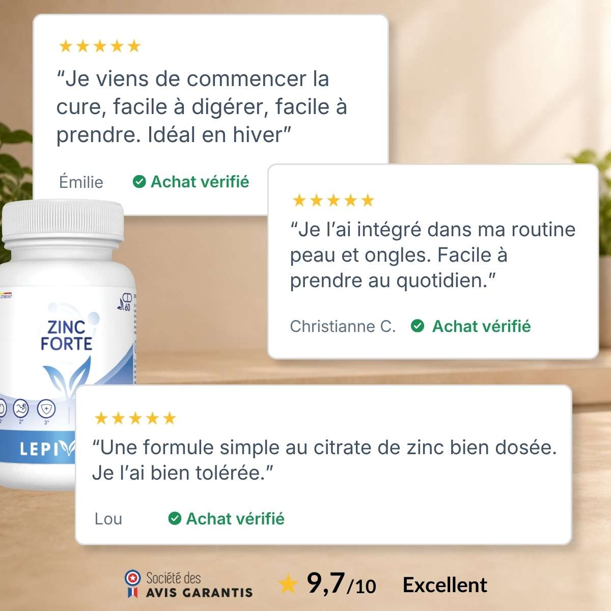 Flacon Zinc Forte Lepivits entouré d'avis clients vérifiés 5 étoiles, note globale 9,7/10 sur la qualité du zinc.