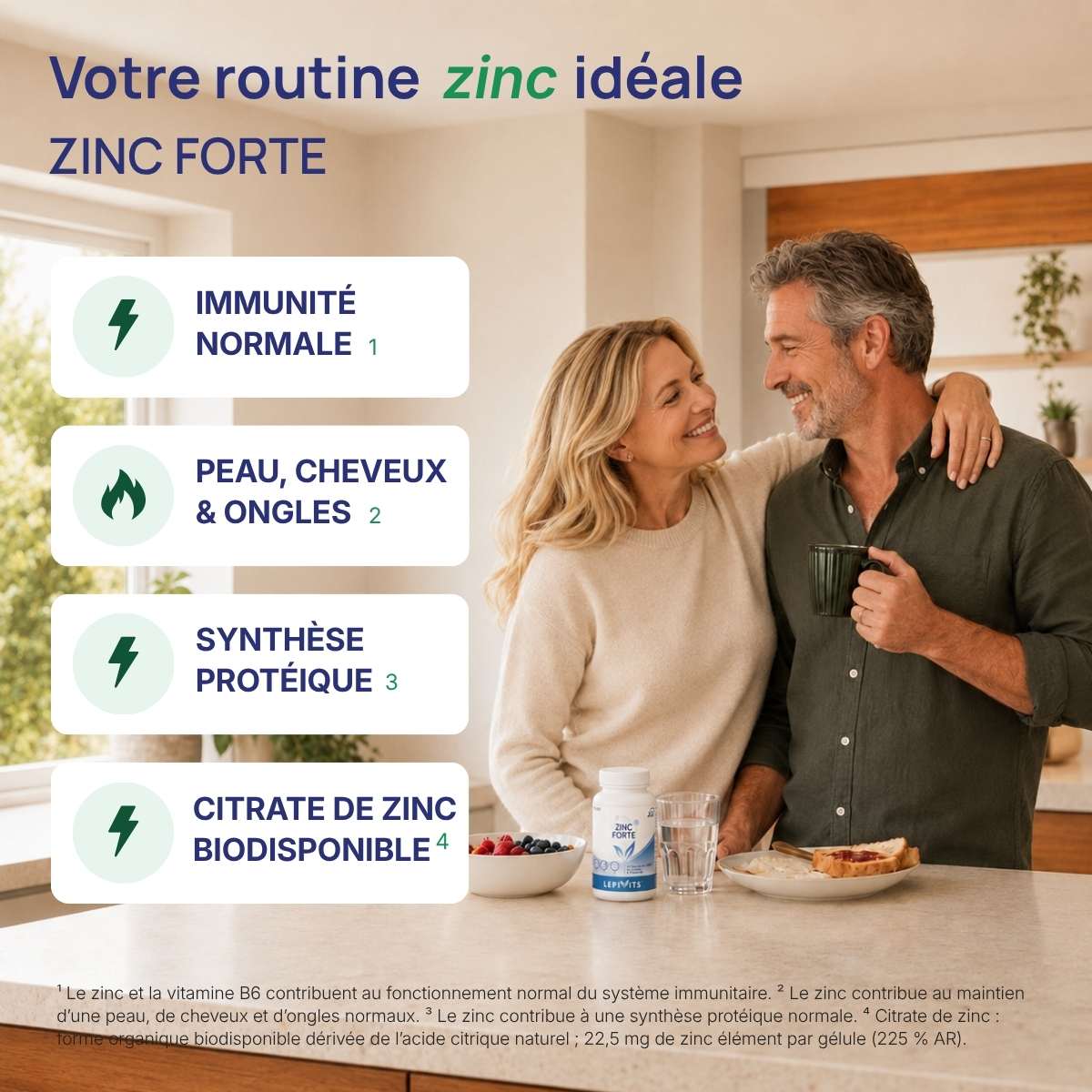 Zinc Forte Lepivits : 4 bienfaits du zinc (immunité, peau, cheveux, ongles, sunthèse potéique, citrate de zinc).