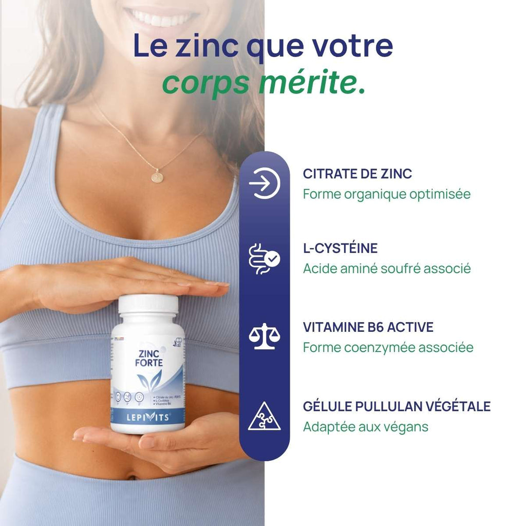 Femme tenant le flacon Zinc Forte Lepivits contre son ventre.