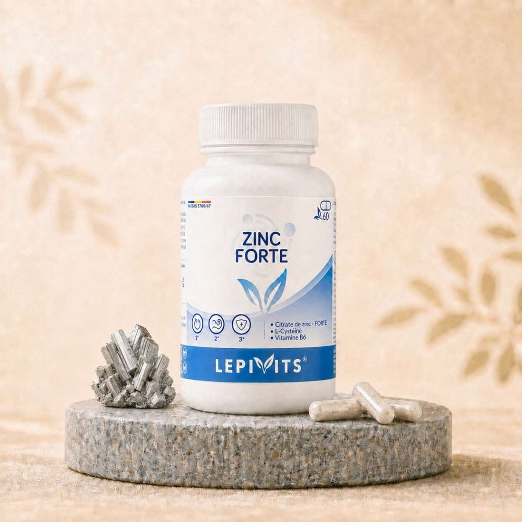 Flacon de Zinc Forte Lepivits, complément de Citrate de zinc biodisponible – Cystéine et vitamine B6 avec gélules végétales pullulan.