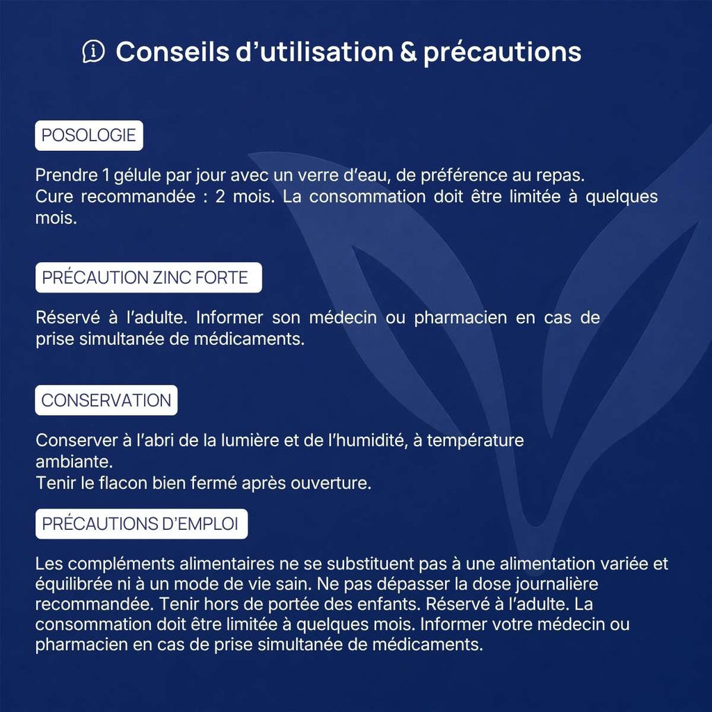 Conseils d'utilisation et précautions Zinc Forte Lepivits : posologie, précaution, conservation et mises en garde.