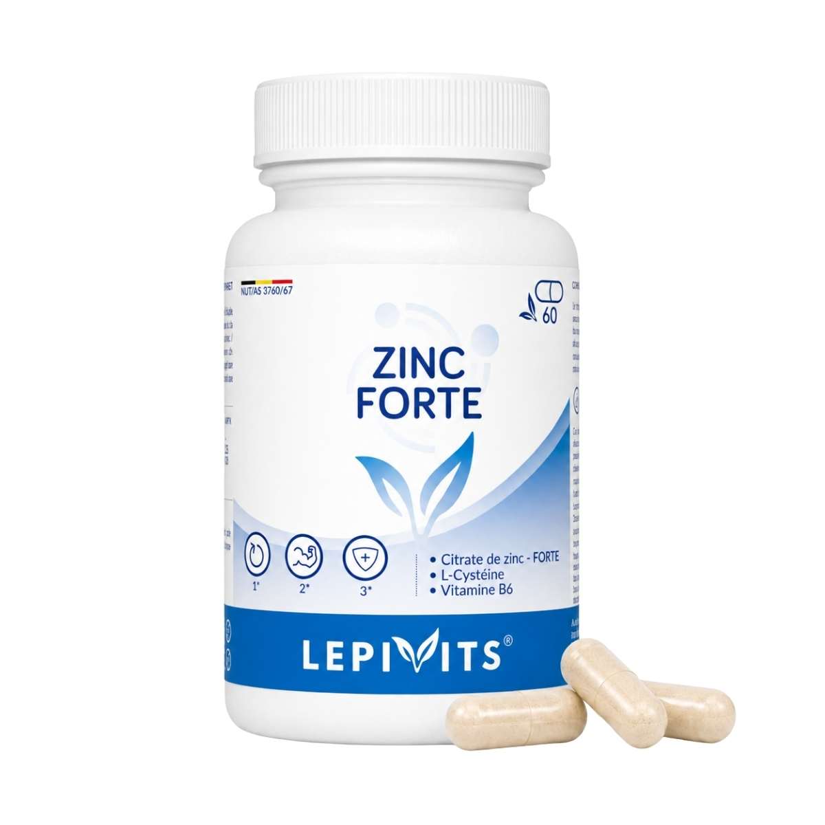 Vue de face du flacon Zinc Forte Lepivits 60 gélules sur fond blanc, avec trois capsules devant.