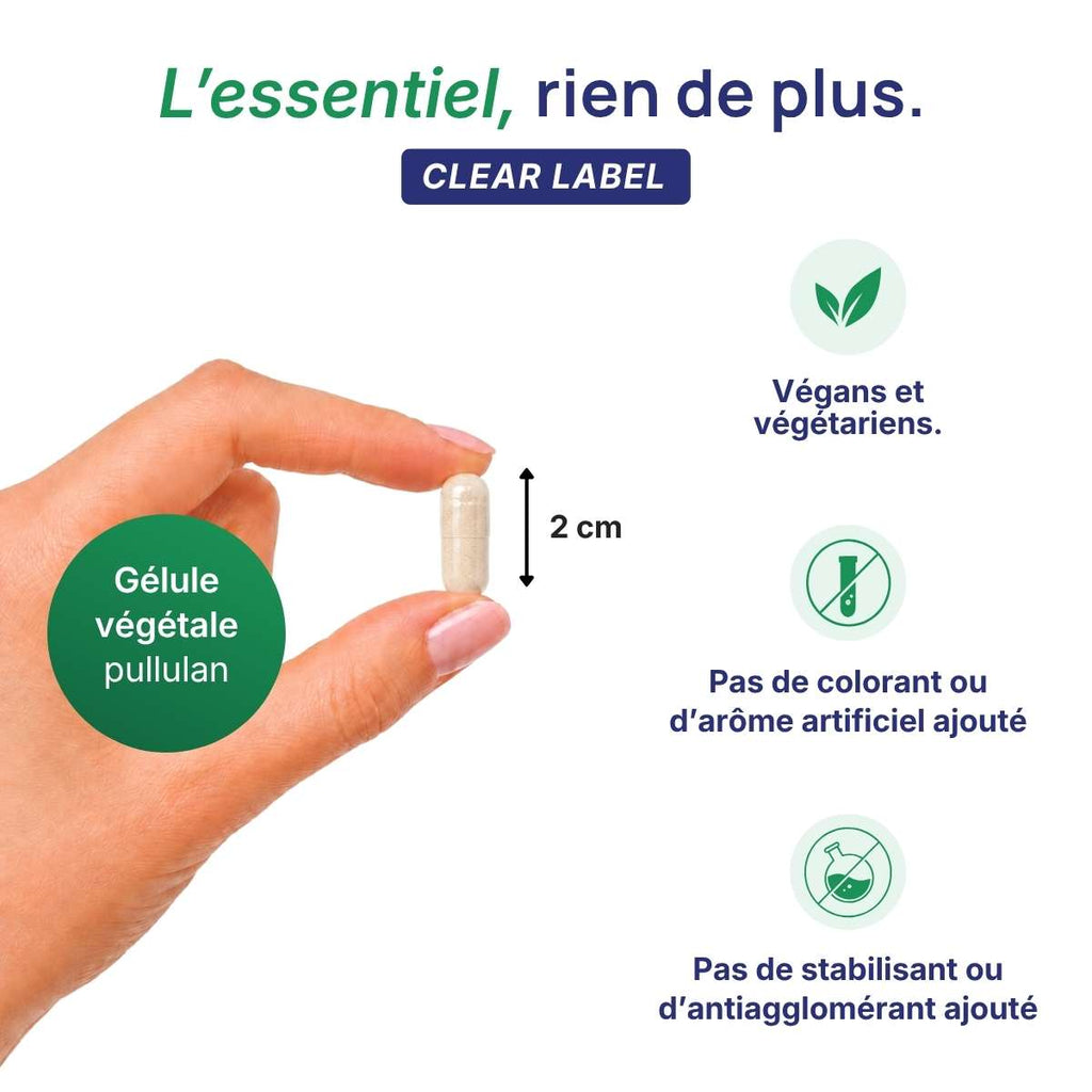 Main tenant une gélule végétale Zinc Forte Lepivits en pullulan de 2 cm, formule clear label sans colorant ni additif, végétariens.